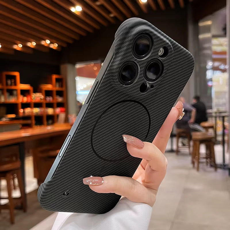 Luxury Frameless Carbon Fiber Texture Magnetic Case for Iphone 16 15 14 plus 13 12 Pro Max 11 for Magsafe Ultra-Thin PC Cover