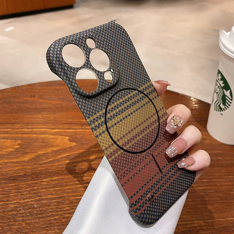 Luxury Frameless Carbon Fiber Texture Magnetic Case for Iphone 16 15 14 plus 13 12 Pro Max 11 for Magsafe Ultra-Thin PC Cover