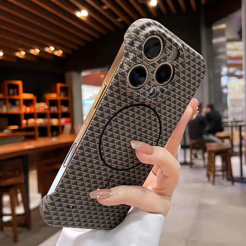 Luxury Frameless Carbon Fiber Texture Magnetic Case for Iphone 16 15 14 plus 13 12 Pro Max 11 for Magsafe Ultra-Thin PC Cover